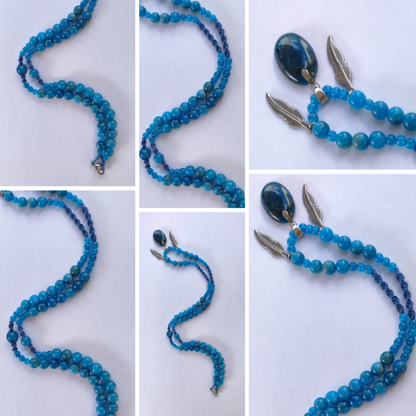 Collier Apatite Bleue AAA/AA macramé artisanal – pendentif Plumes