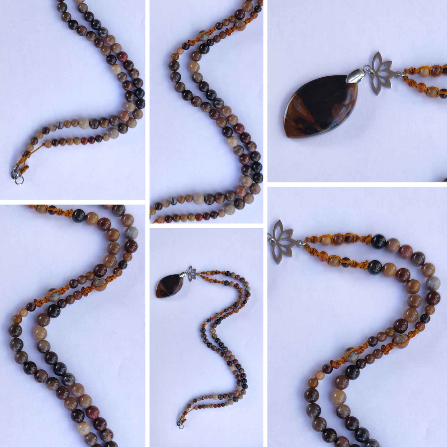 Collier Bois Fossile A macramé artisanal – pendentif Fleur de Lotus