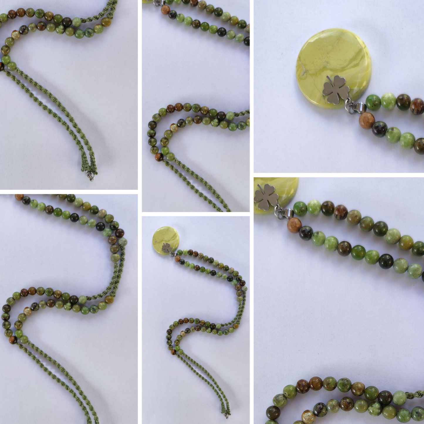 Collier Opale Verte A macramé artisanal – pendentif Trèfle porte-bonheur