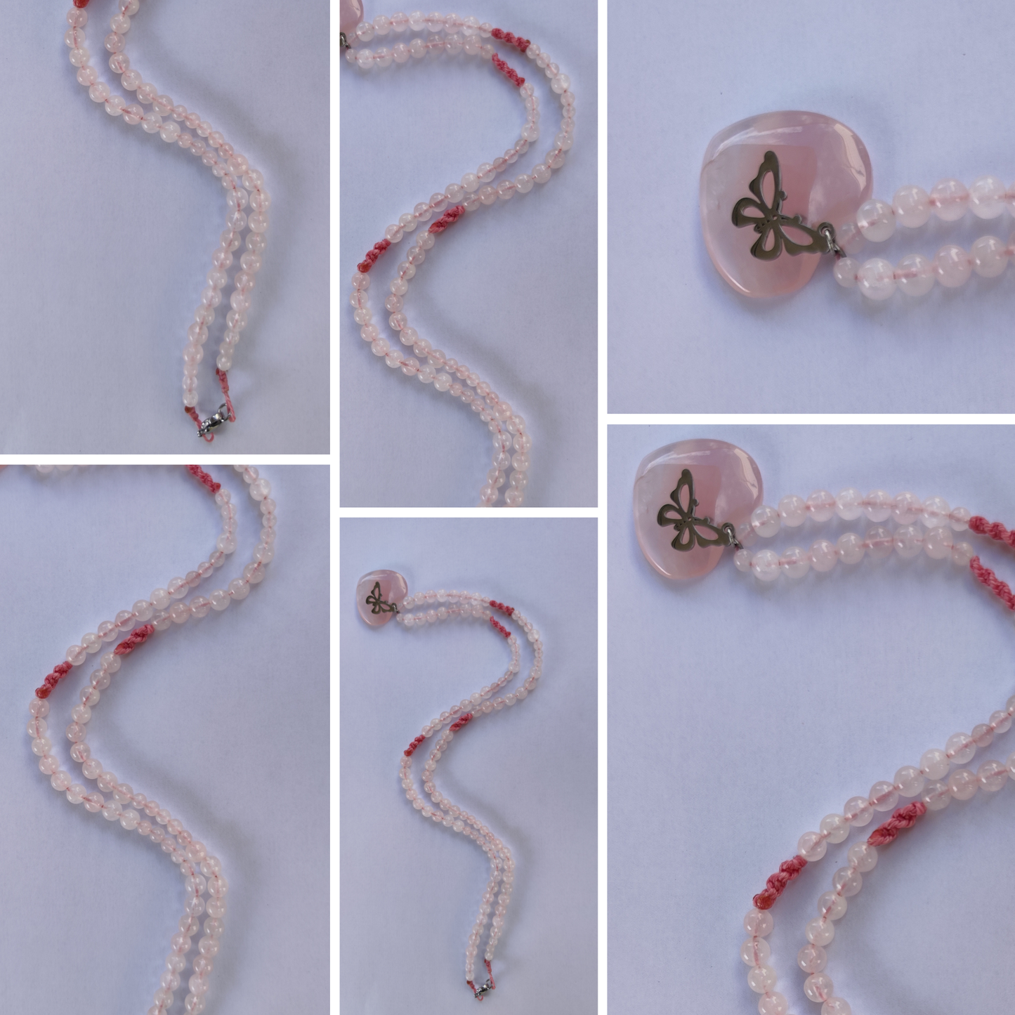 Collier Quartz Rose AA/A+ macramé artisanal – pendentif Papillon