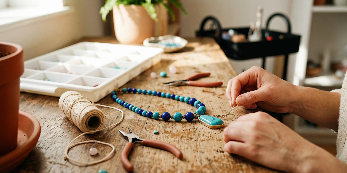 Mains de Ludivine créant un collier en pierres naturelles dans l'atelier Timia